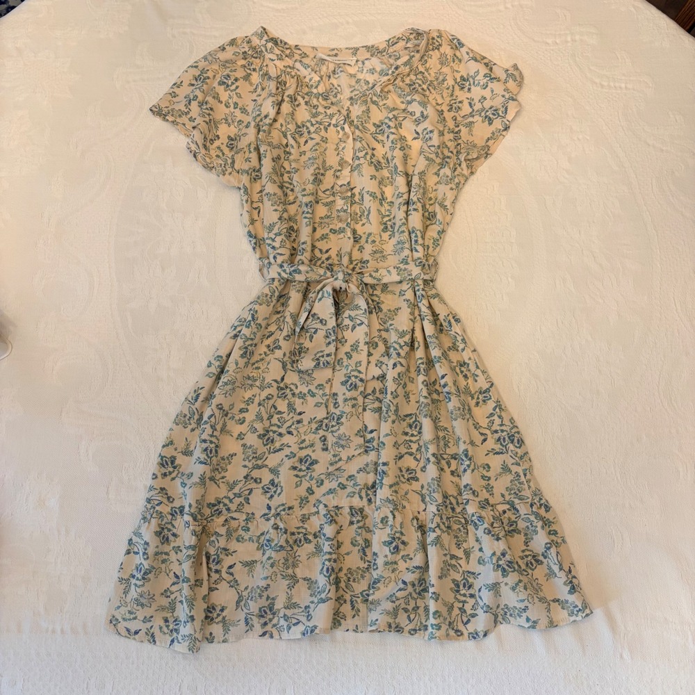 Lucky Brand Size M Button Front Mini Dress Cream Blue Rayon Cottage Prairie